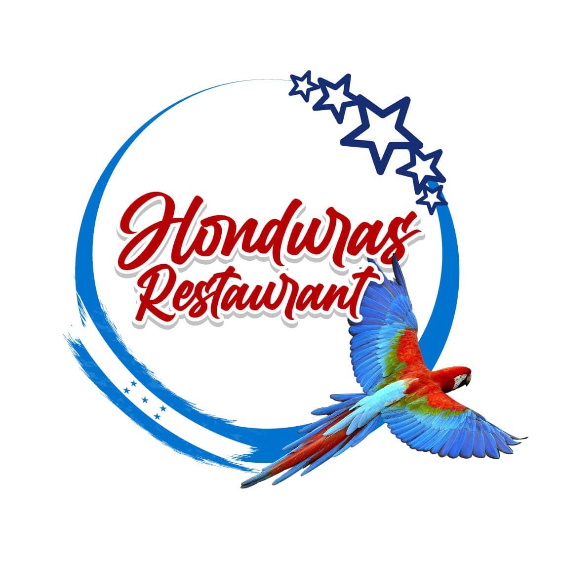 Honduras Restaurant logo with red script, blue circular frame, stars, and a vibrant macaw.